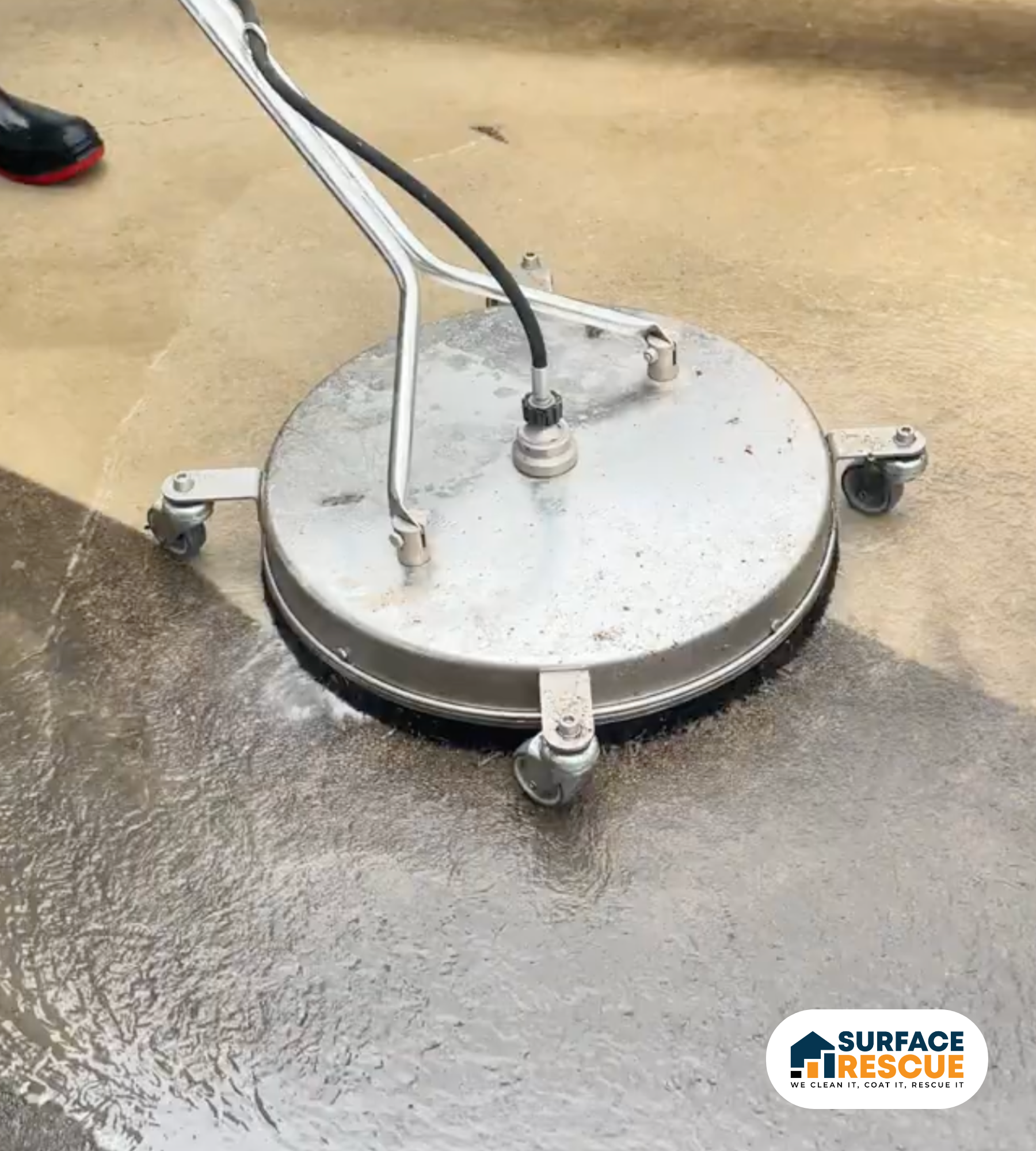 Professional pressure cleaning removing dirt and grime from a concrete surface in Adelaide by Surface Rescue.