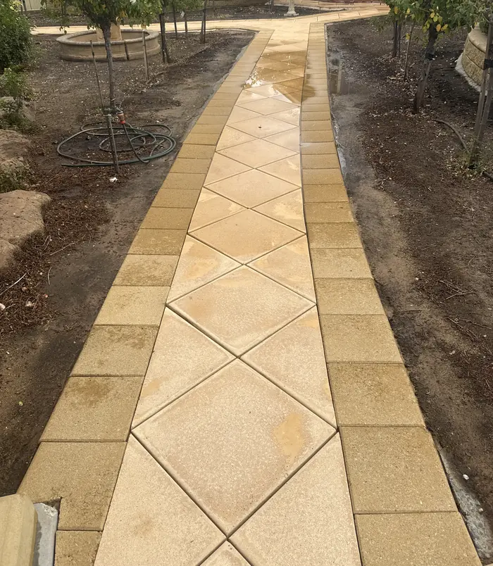 Clean golden diamond-pattern paver path through a garden after pressure washing