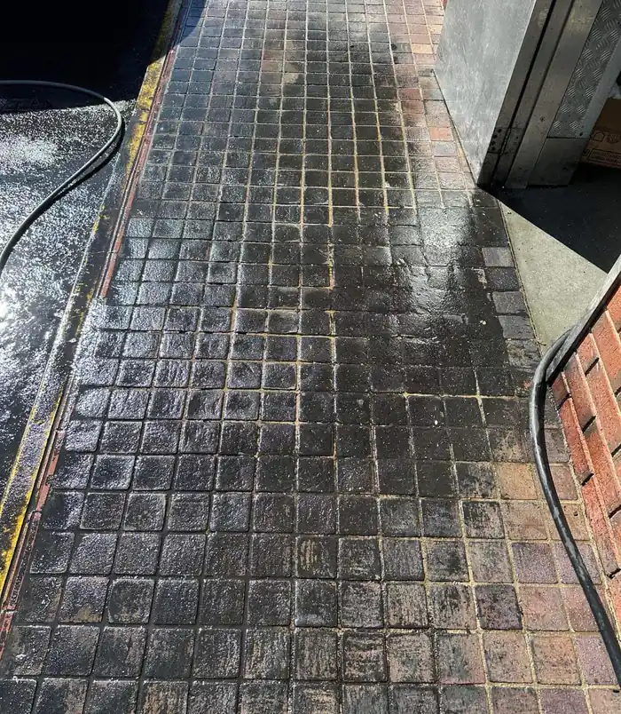 Dark, grimy tiled path being rinsed with a hose beside a brick wall