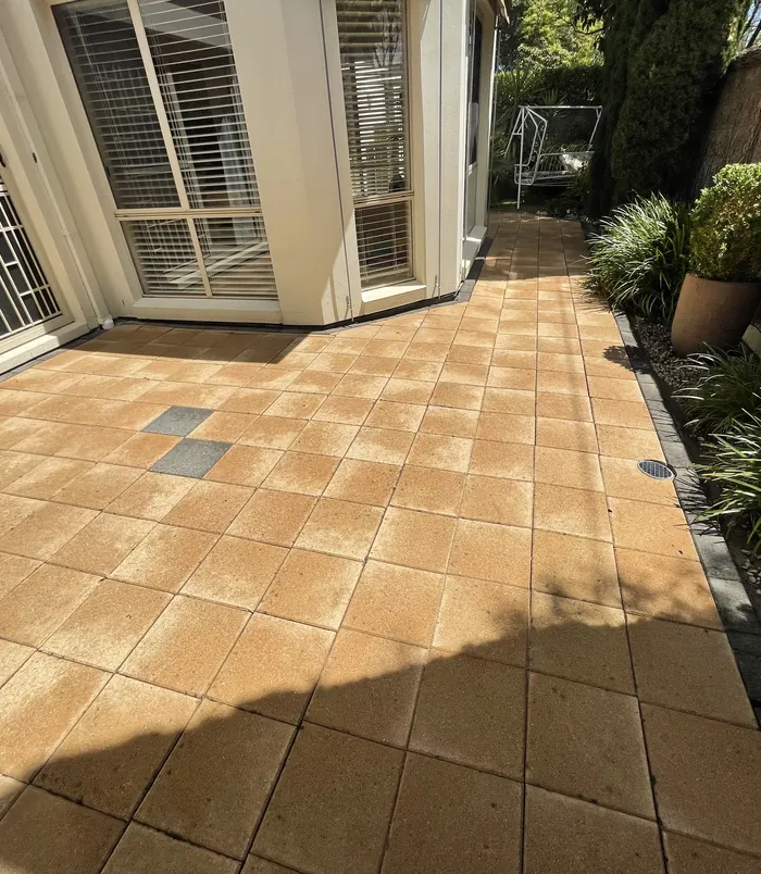 Terracotta pavers with dark accent tiles beside a bay window, restored to bright colour after pressure washing