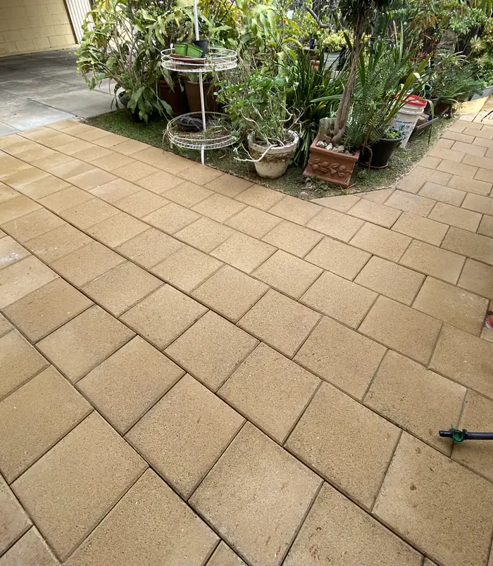 Clean golden brick paver path beside potted plants after pressure washing