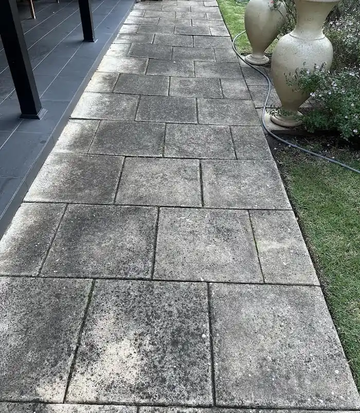 Dark, dirty paved pathway beside a garden with a large urn, before pressure washing