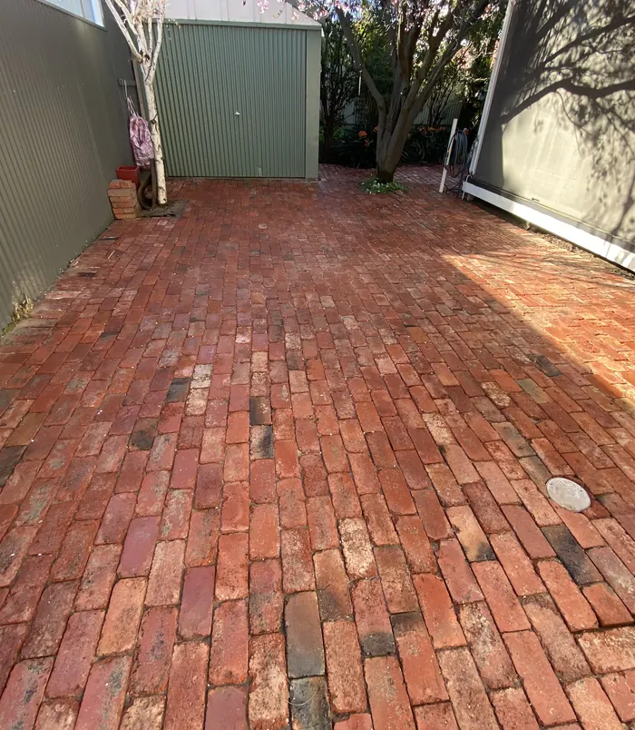 Red brick pavers in a courtyard beside a green shed, restored to rich colour after pressure washing
