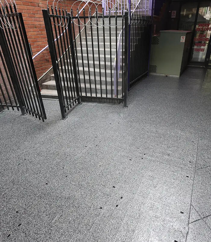Speckled grey epoxy flake floor at the base of a black metal gate and staircase