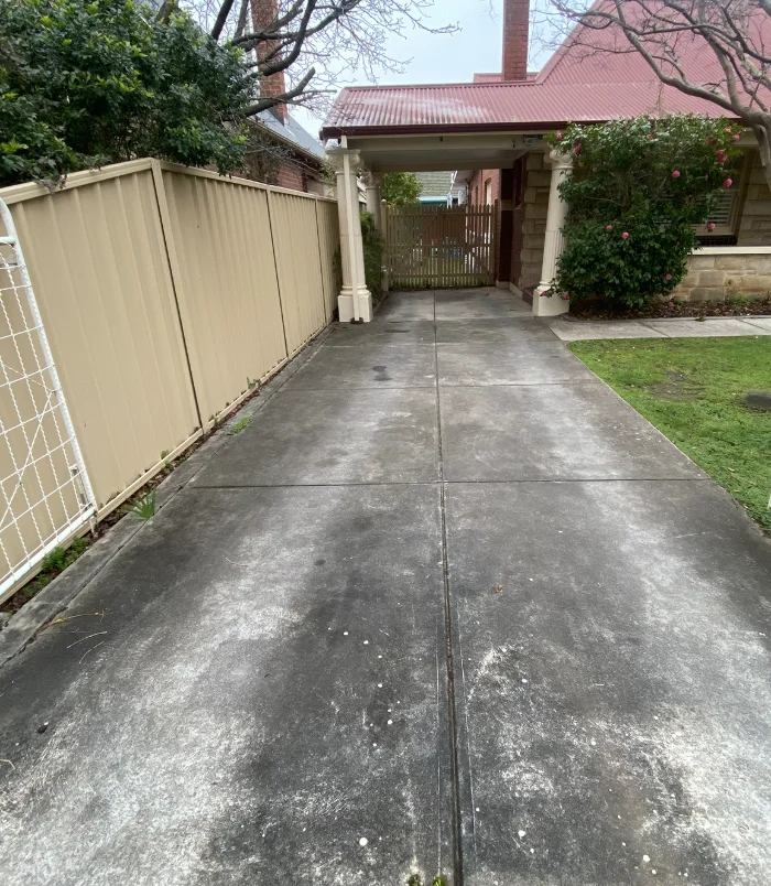 Dull, mouldy brick pavers around a freeform blue swimming pool, before paver cleaning