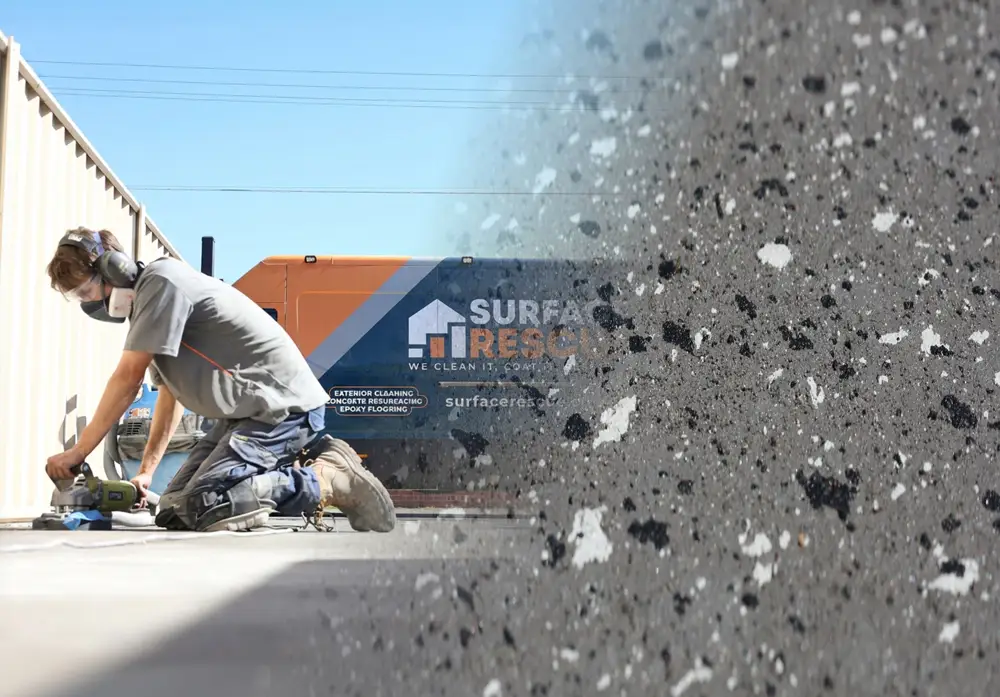 Surface Rescue technician beside a branded van, over a close-up of dark speckled coating