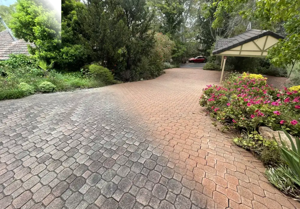 Brick paver driveway half cleaned, with a clean terracotta stripe beside dull, dirty paving