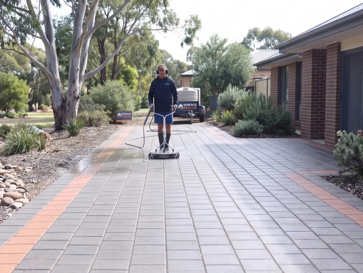 Surface Rescue technician using a surface cleaner on a grey paver path beside a brick home