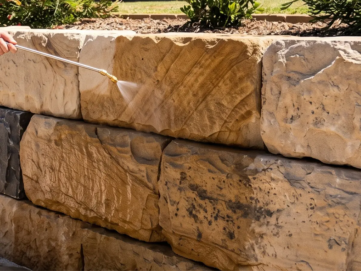 Close-up of a sandstone block wall undergoing sealing