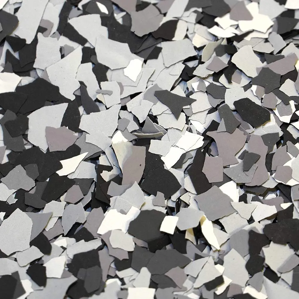 Midnight flake colour sample with black, white, grey and silver chips