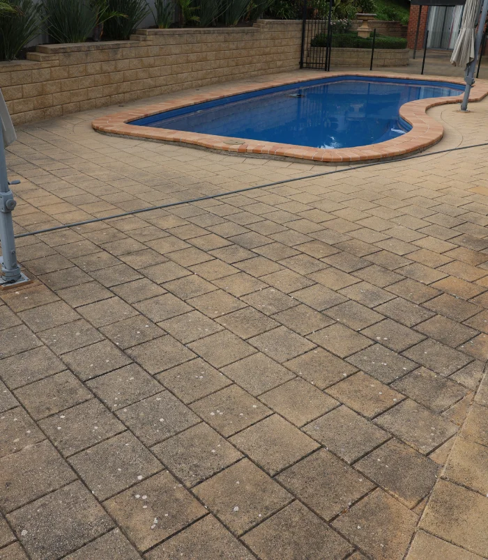 Dull, mouldy brick pavers around a freeform blue swimming pool, before paver cleaning