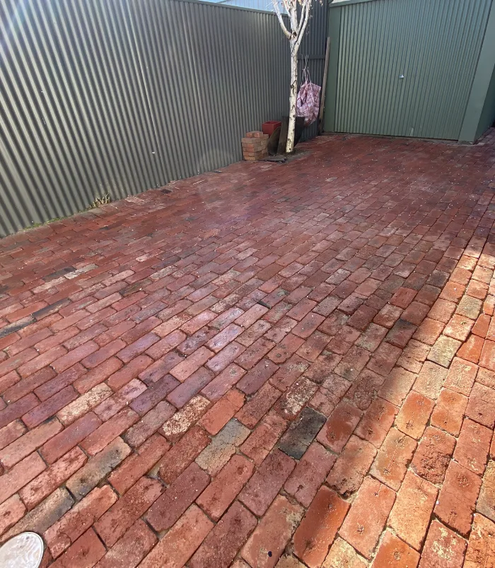 Red brick pavers in a courtyard beside a green shed and corrugated fence after pressure washing