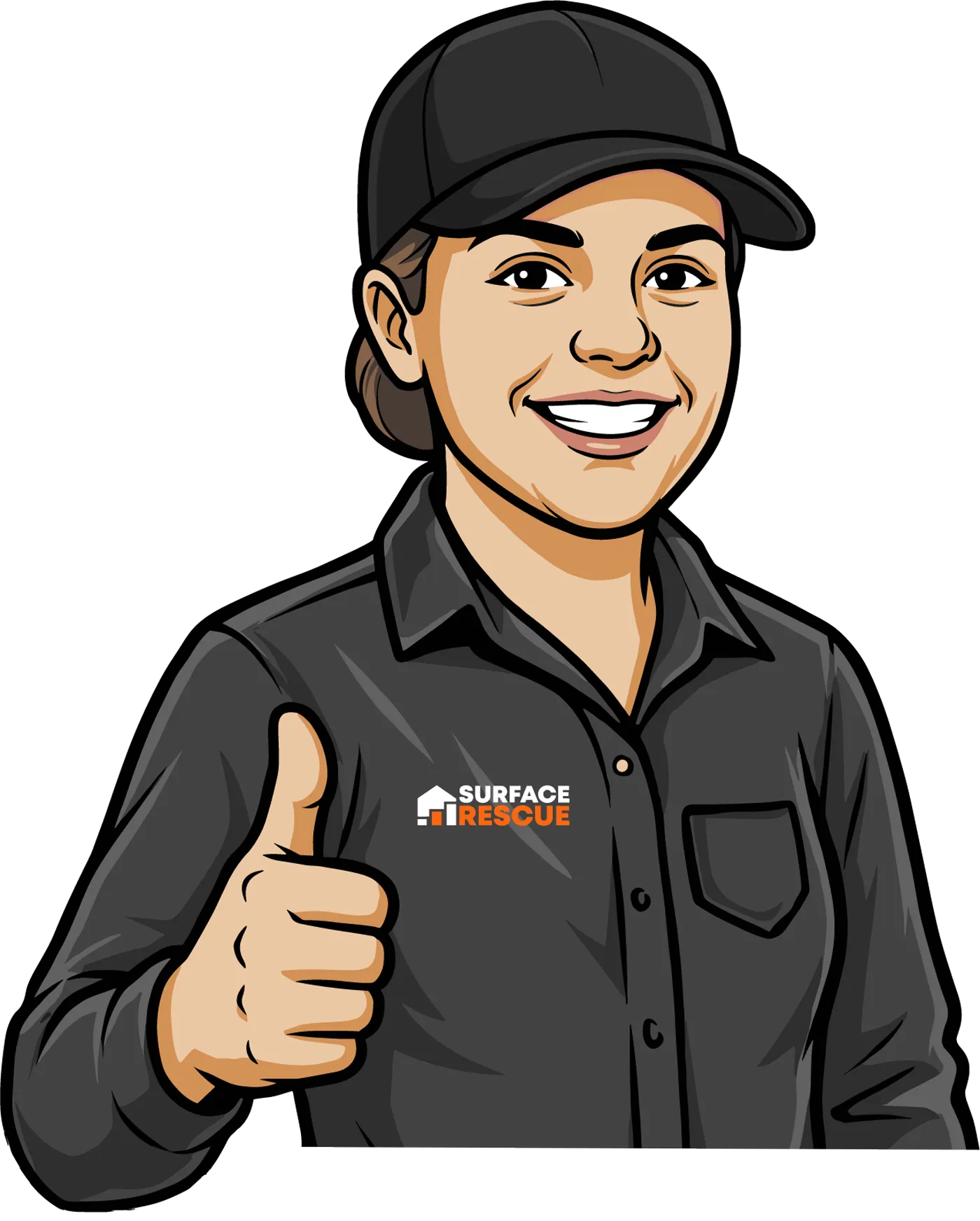 Cartoon illustration of a smiling Surface Rescue team member in a black cap and uniform giving a thumbs up
