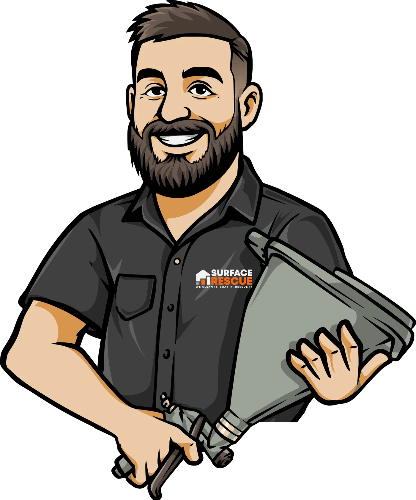 Cartoon illustration of a smiling bearded Surface Rescue team member in a black uniform holding a cleaning tool