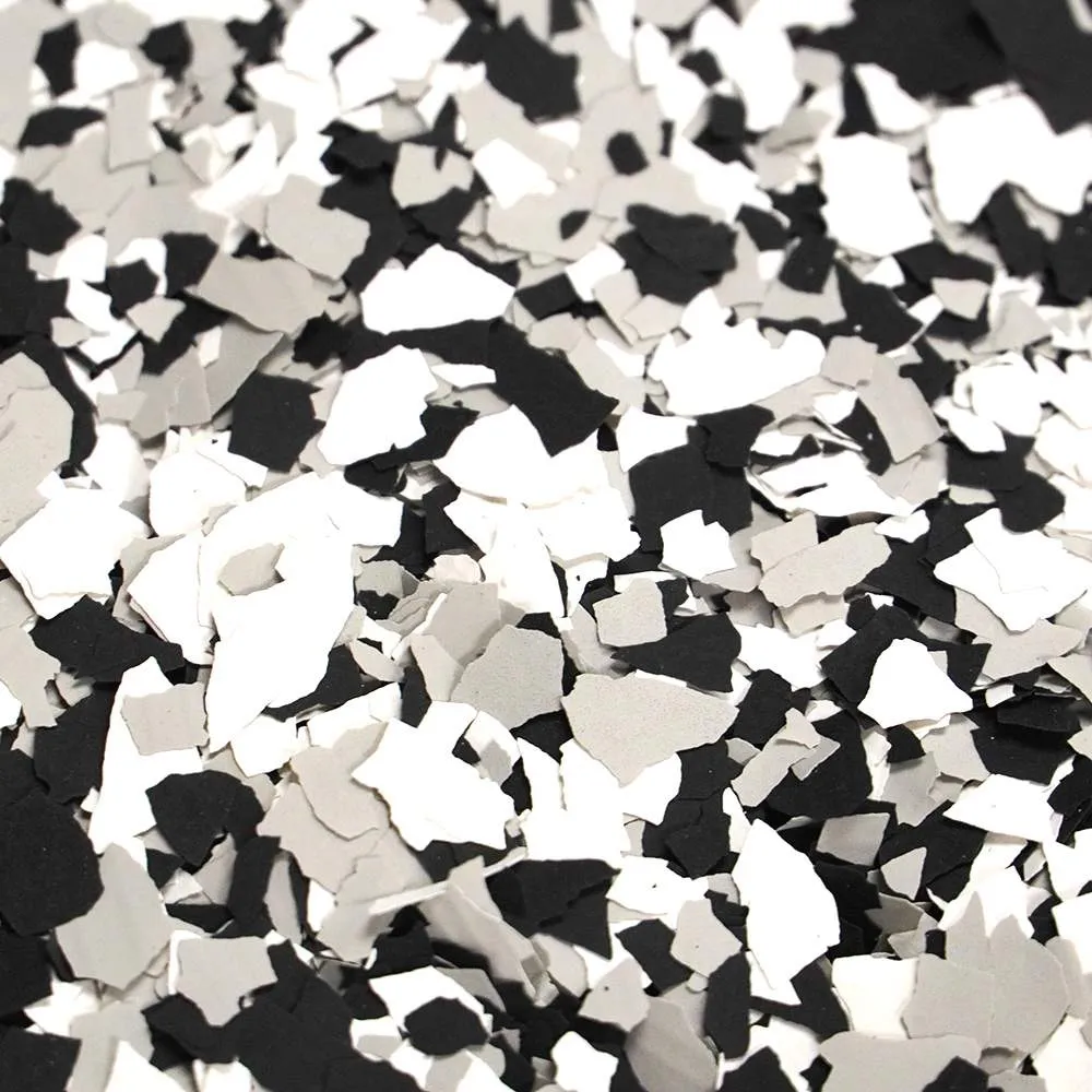 Tuxedo flake colour sample with white, black and grey chips
