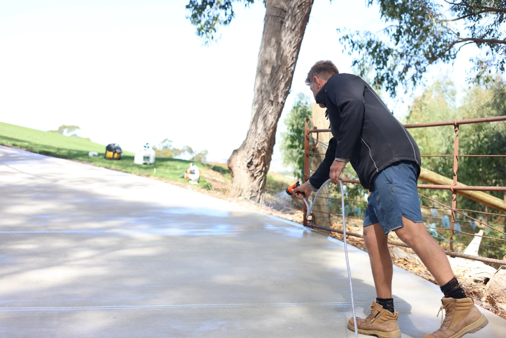 Contractor applying sealer to a concrete surface beside a large gum tree