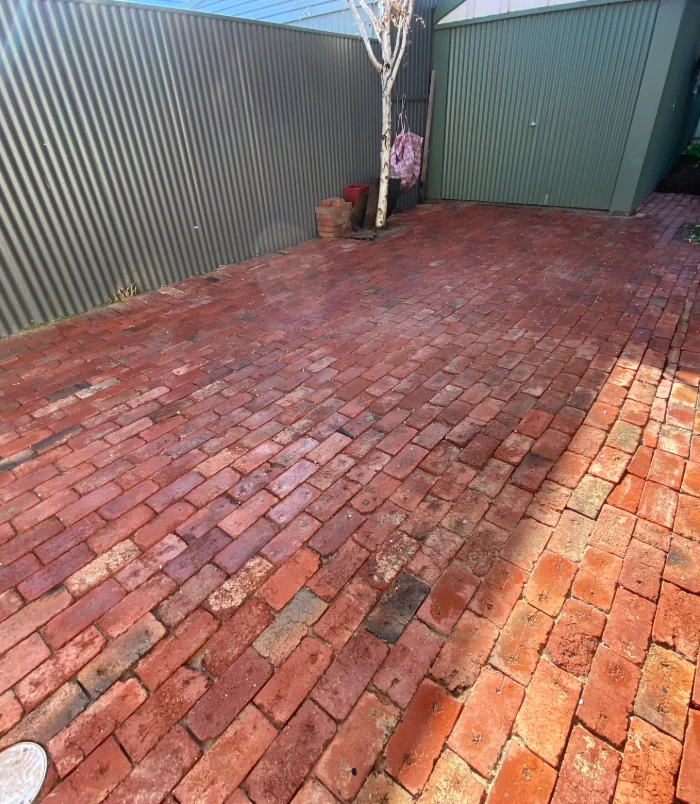 Red brick pavers after cleaning and sealing, with rich, even colour in a courtyard beside a green shed